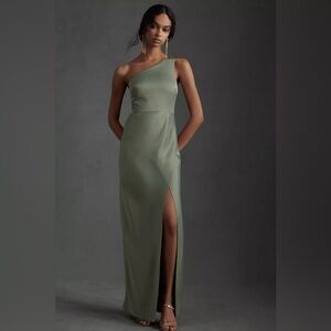 BHLDN Dylan One-Shoulder Satin Side-Slit Gown